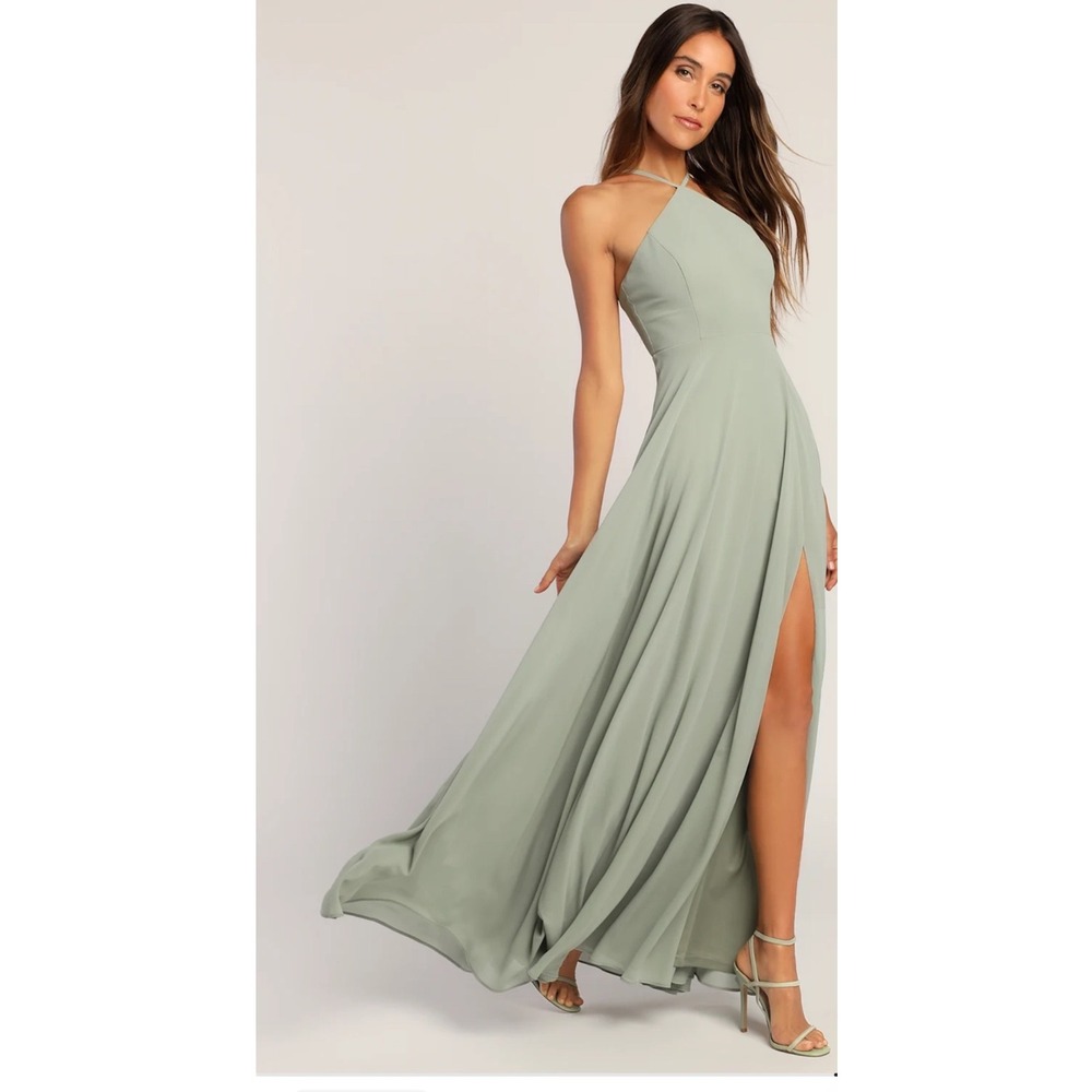 Lulus Sage Green Chiffon Halter Maxi Dress Side Slit Gown Size M - Picture 6 of 8